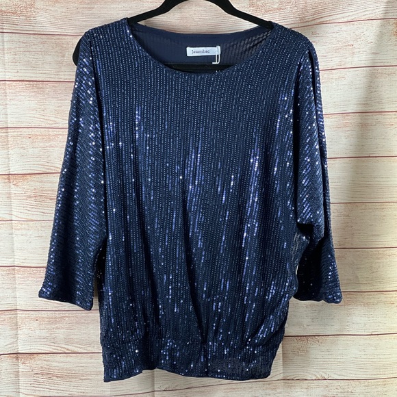 Jasambac Tops - Jasambac Navy Sequin Cold Shoulder Top